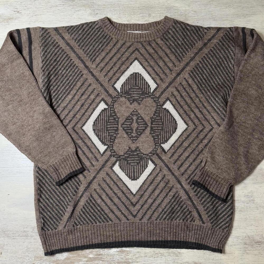 EUC Vintage 80s Merino Wool Acrylic Patterned Brown Sweater Size Large
